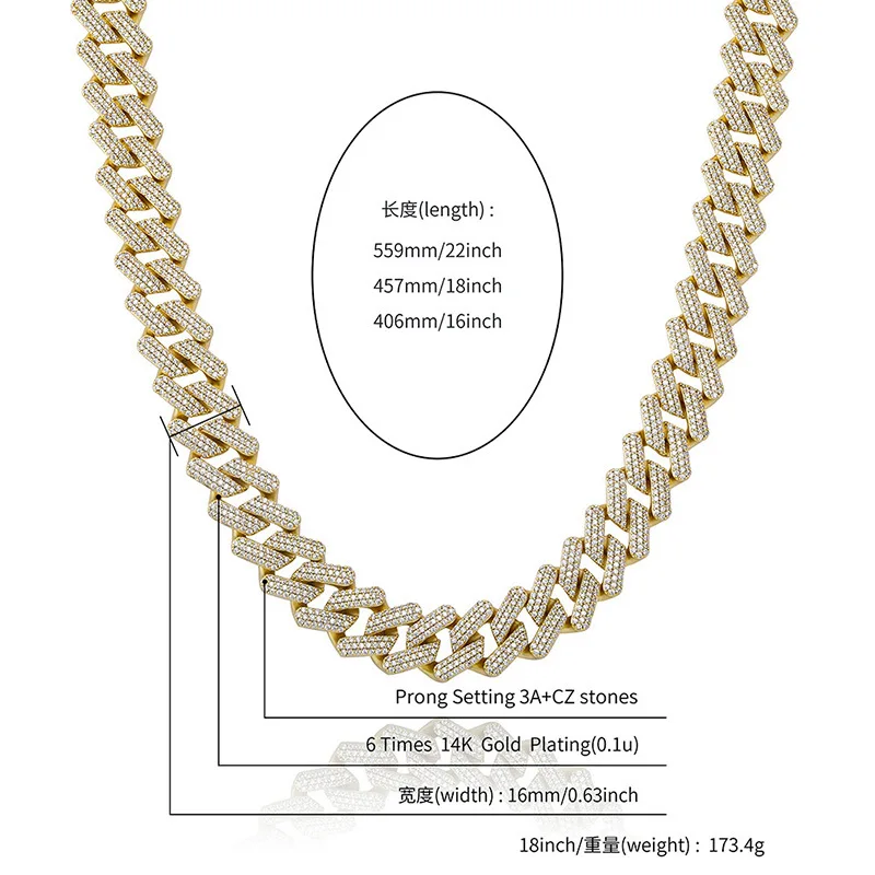 

High-Quality Hip Hop Gold Color Shiny Square 3 Rows Paved Iced Out CZ Stone Long Chain Link Necklace For Men Rappers Necklace