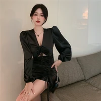 real shot female autumn new style european and american v neck drawstring hollow puff sleeve slim satin pleated short dress
