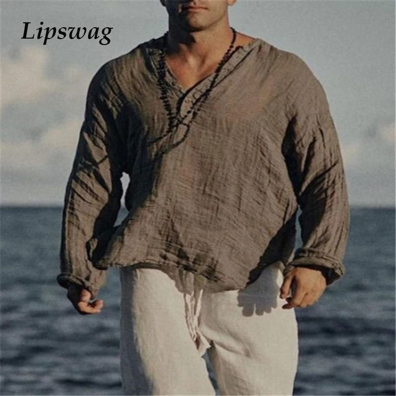 

Casual Cotton Linen Shirts For Men 2021 Spring Autumn Long Sleeve Loose Pullover Top Vintage Button Stand Collar Solid Shirt Men