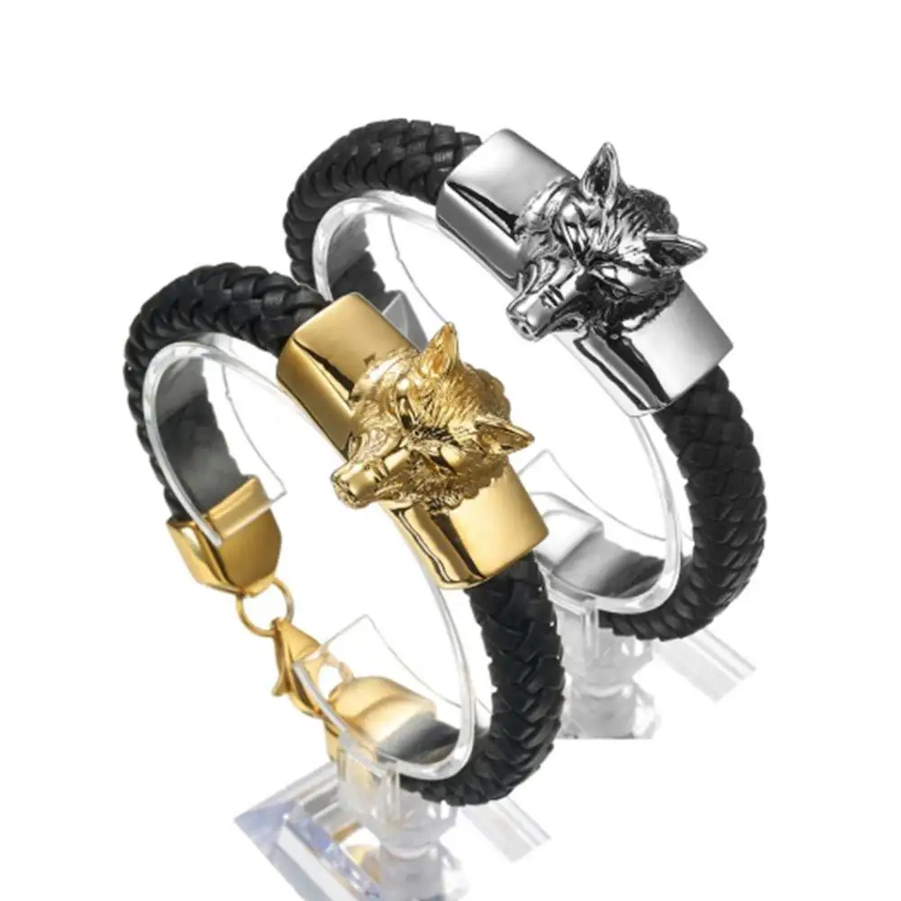 

Punk Silver Color/Gold Biker Wolf Head Stainless Steel Biker Jewelry Black Genuine Leather Gift Men's Bracelet Wristband 8.26"