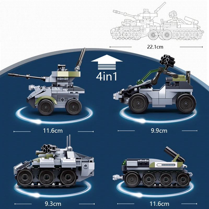 

SLUBAN Military Tank Vehicle Creator 4 IN 1 Ww2 Gun Trucks Building Blocks Military Base Army Soldiers Figures Bricks Boys Toys