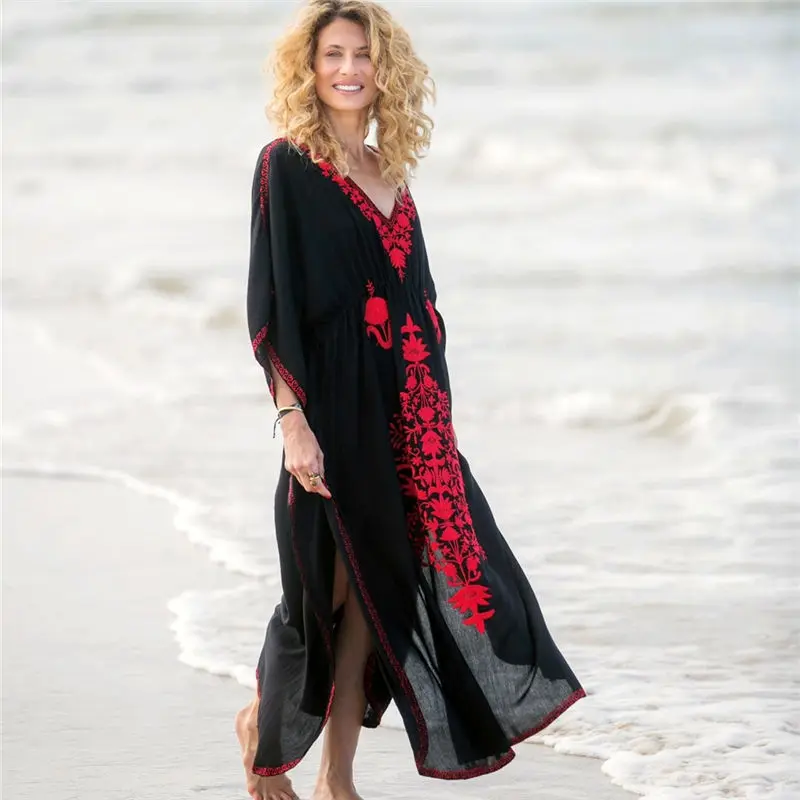 2020 красное богемное свободное летнее пляжное платье с цветочной вышивкой