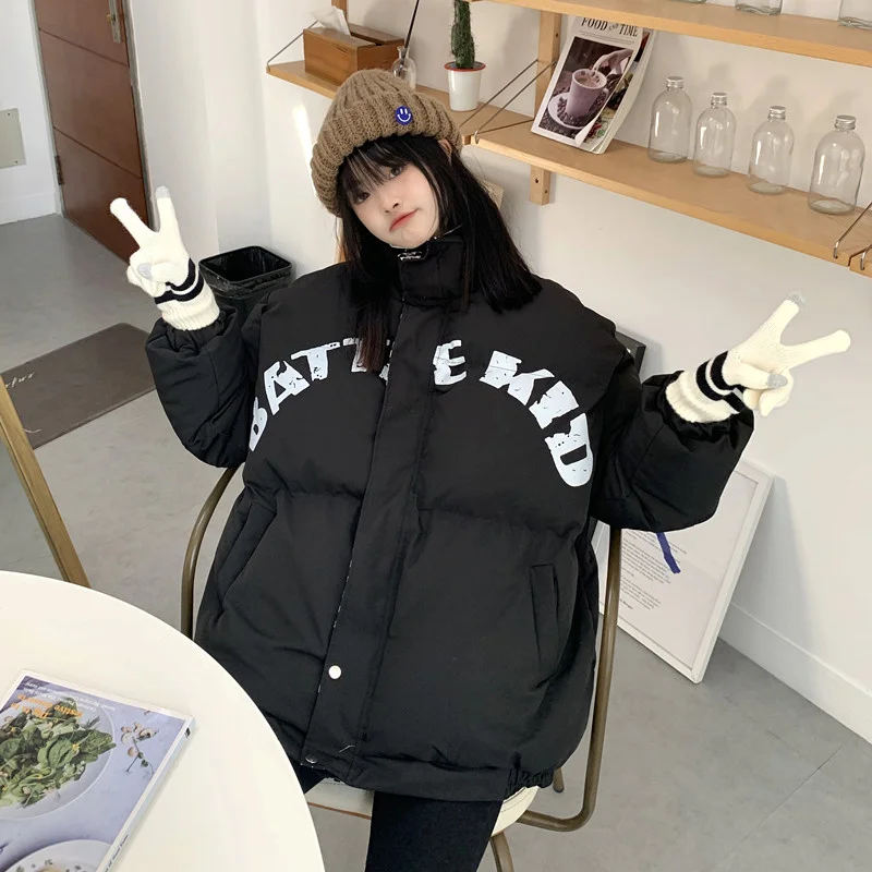 Casual Oversize Winter Down Jacket Women Stand Collar Thick Teen Gril Female White Duck Down Coat Loose Letters Print Warm Parka