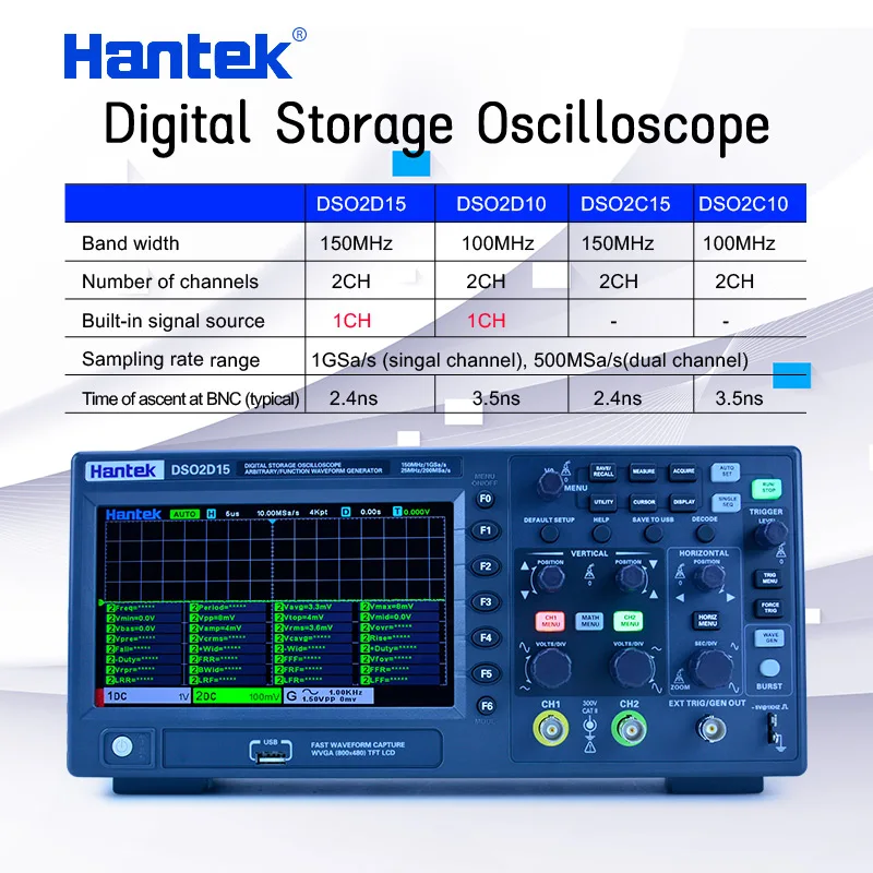 Hantek Digital Oscilloscope DSO2C10 2C15 2D10 2D15 USB 2 Channels 100Mhz/150Mhz Storage Osciloscopio 1GSa/s Sample Rate
