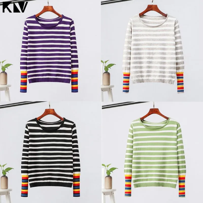 Женский Осенний вязаный свитер KLV с длинным рукавом и круглым вырезом полосатый