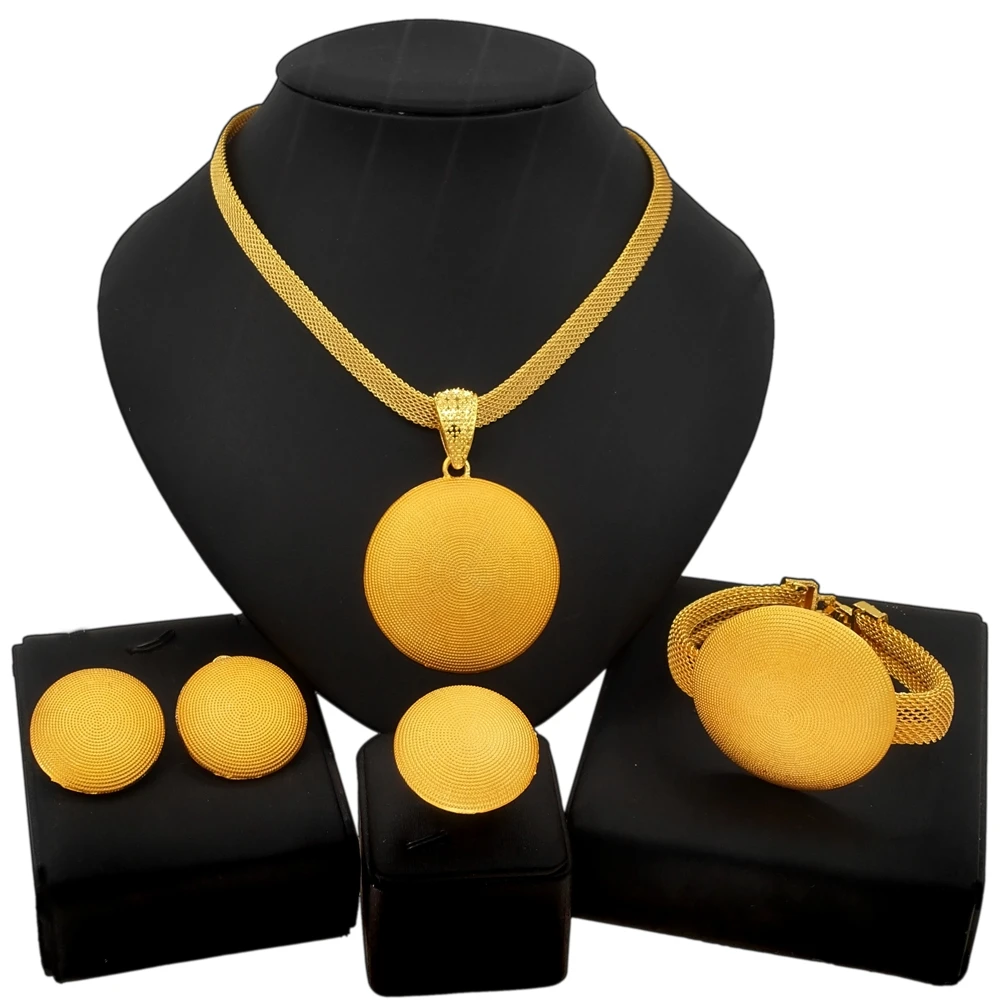 

Yulaili New Dubai Jewelry Sets for Women Gold Color Ethiopian Flower Shape Pendant Necklace Earrings Bracelet Ring Party Jewelry