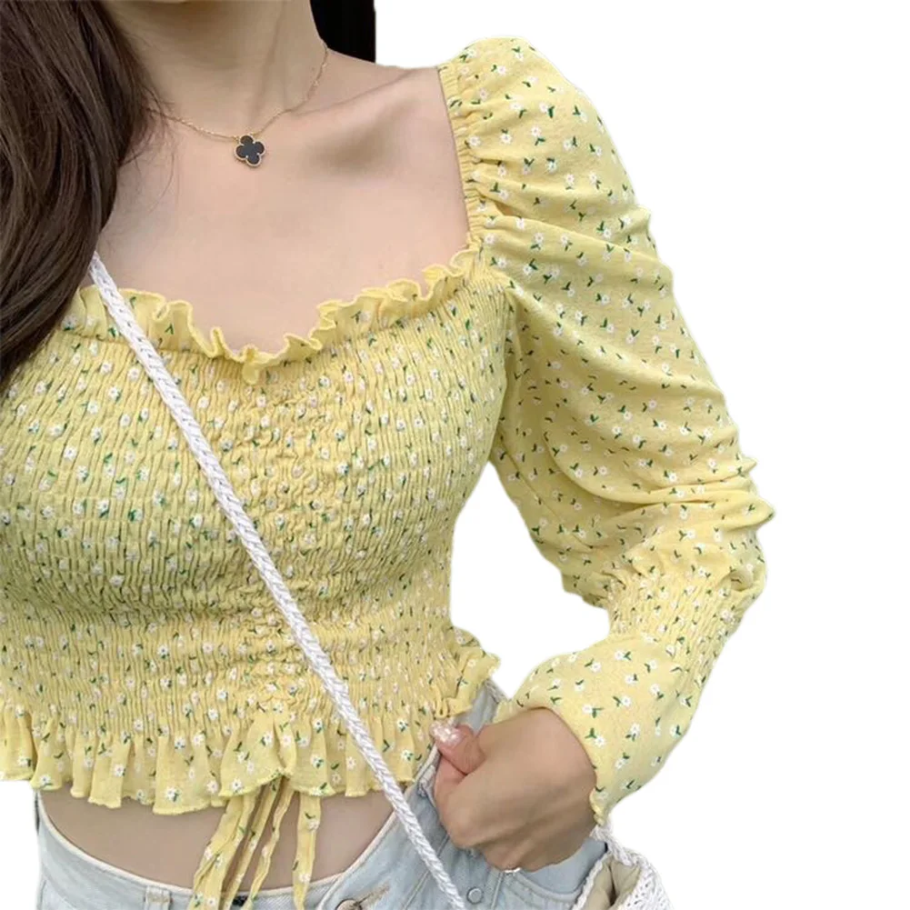 

Vintage Floral Pullover Young Girls Slim Drawstring Crop Top Casual Style Clothes