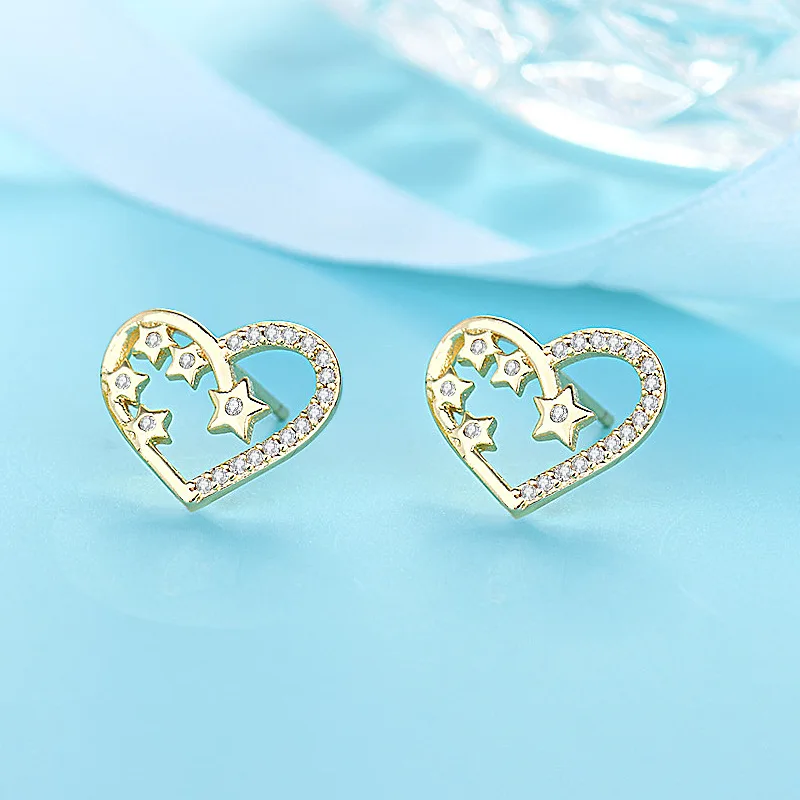 

VENTFILLE 925 Sterling Silver Zircon Inlaid Love Heart Star Ear Studs Women's Fashion Personality Earrings Jewelry Gifts