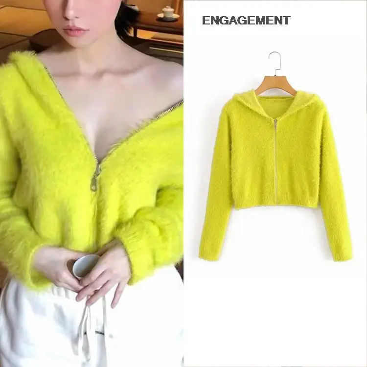 

ENGAGEMENT za 2021 female Street trendy pure color wild hooded mohair sweater women autumn winter stretch slim knit cardigan