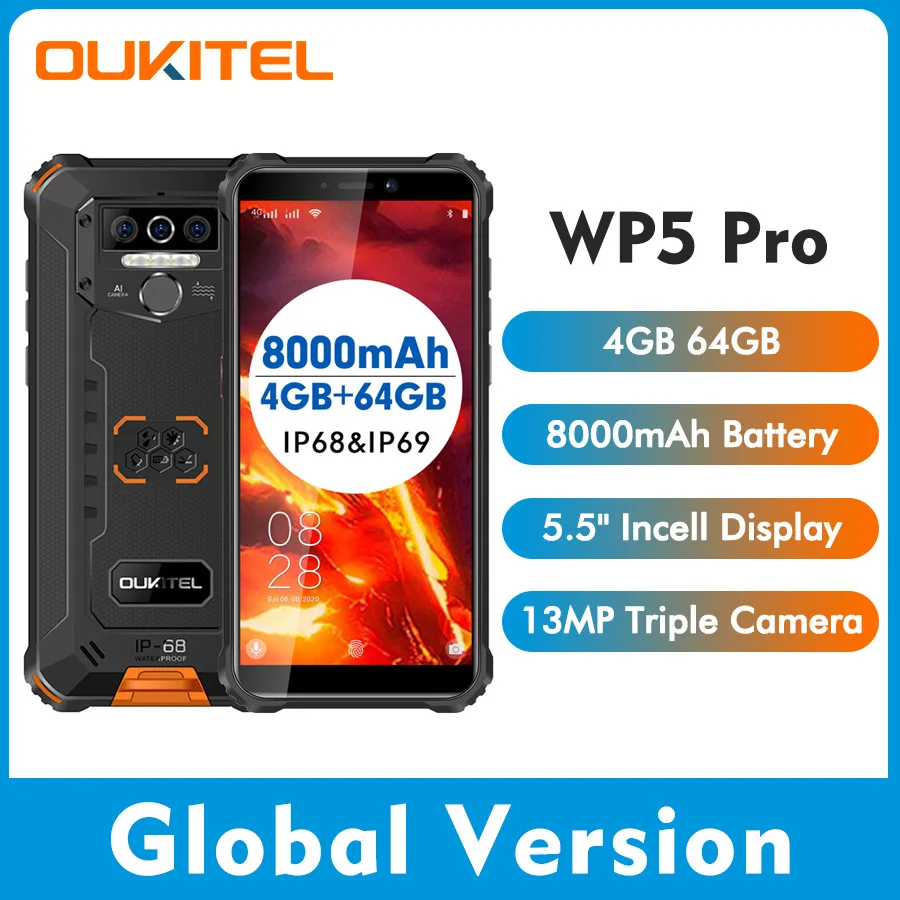 

OUKITEL WP5 Pro 4GB 64GB 8000mAh 5.5"HD+ IP68 Rugged Smartphone Octa Core Android 10 Mobile Phone 13MP Triple Camera Cell Phone