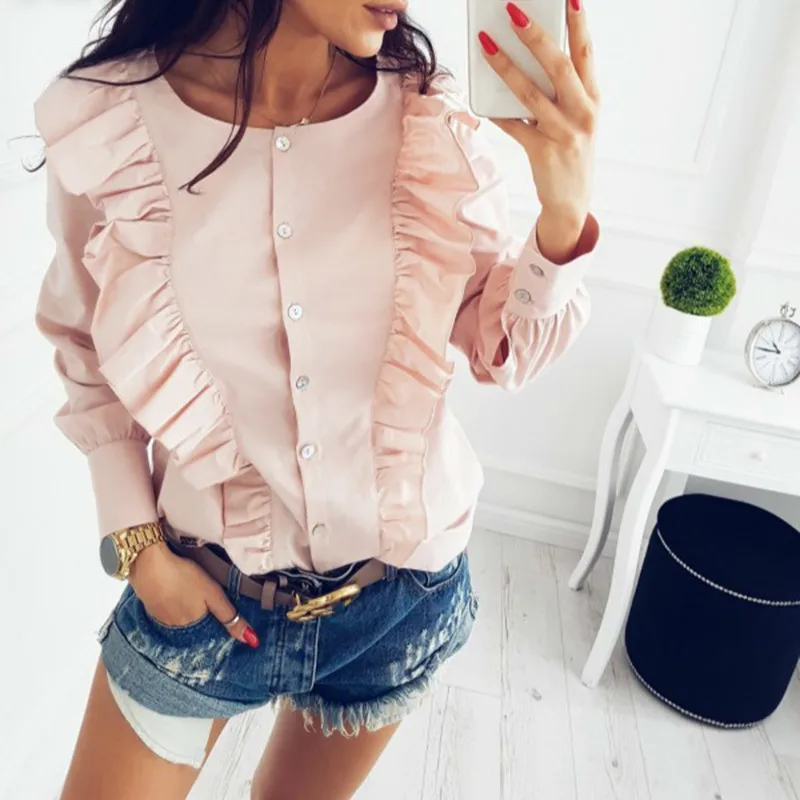 Офисные женские рубашки элегантные с длинным рукавом и круглым вырезом