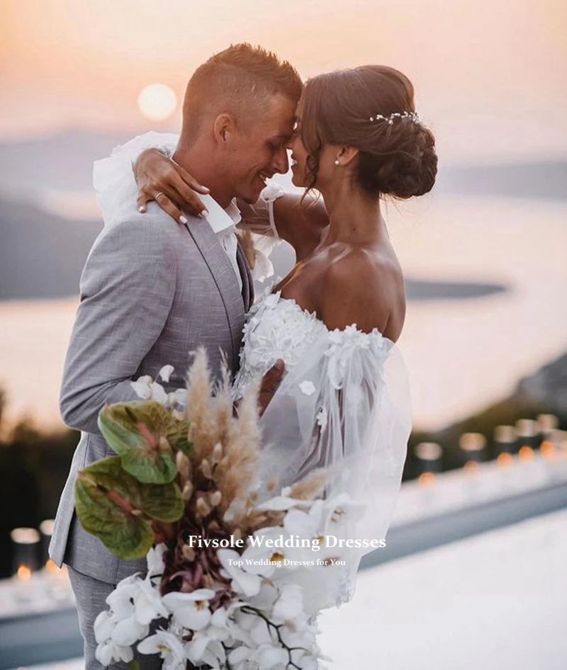 

Fivsole A-line Strapless Wedding Dress 2021 Puff Sleeves 3D Appliques Vestidos De Novia Detachable Court Train Robe De Marie