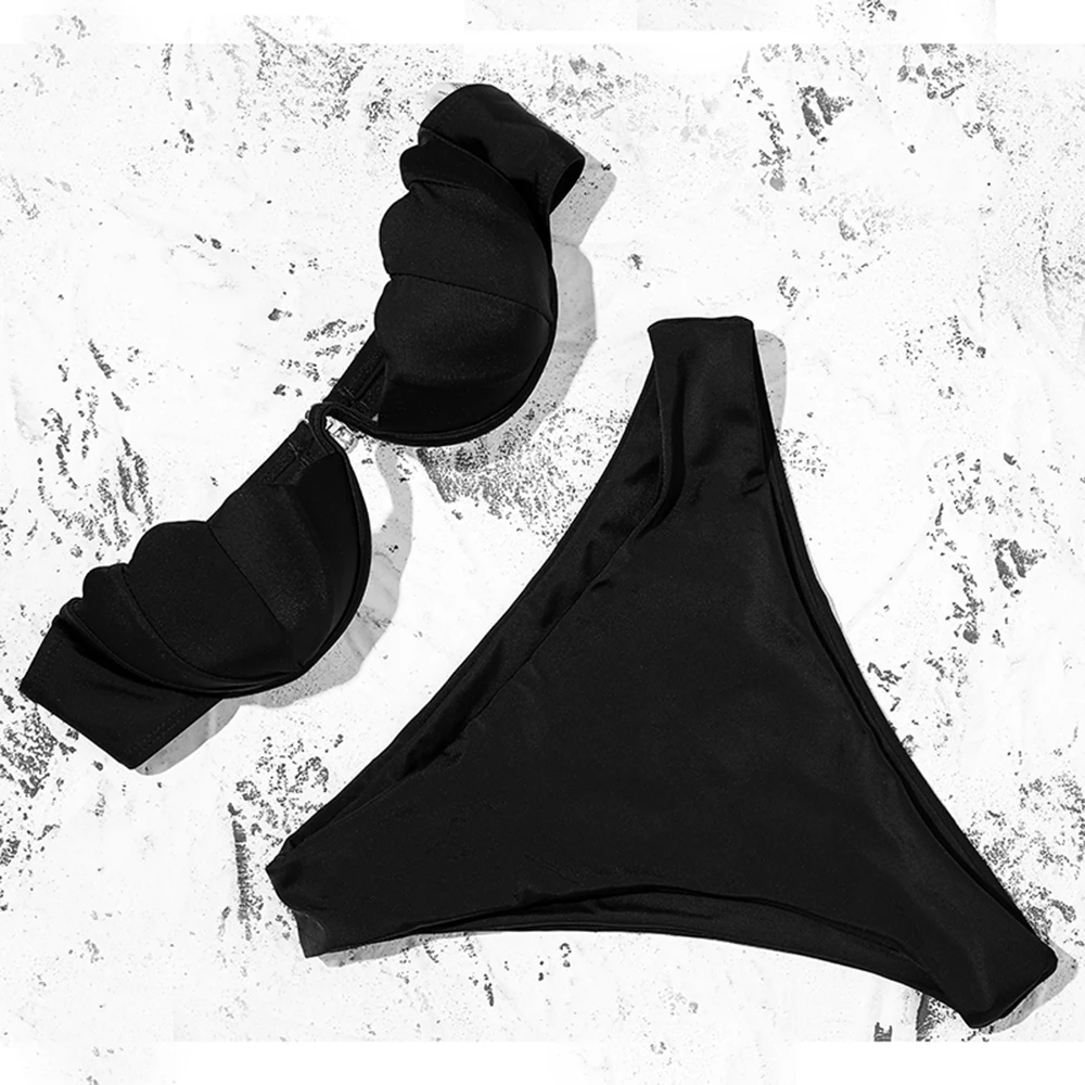 

Qeils Shell Solid Bikinis Hard Pack Underwire Sexy Bikini 2021 New Arrival Strapless Mid Waist Swimsuit Pink Swimwear Women
