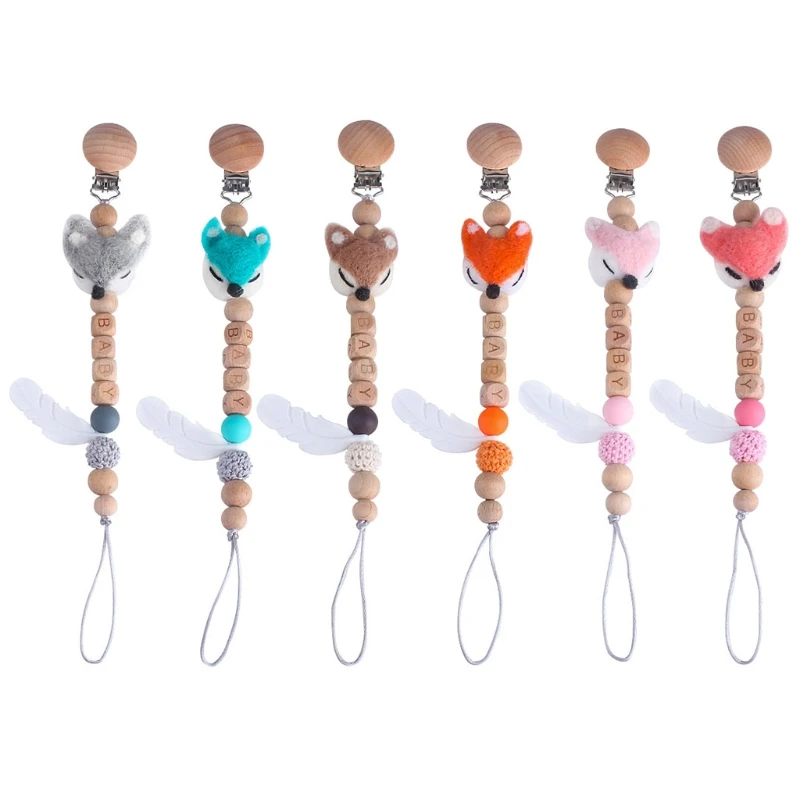 

Baby Wood Pacifier Clip Cartoon Animal Teething Chain Silicone Feather Teether