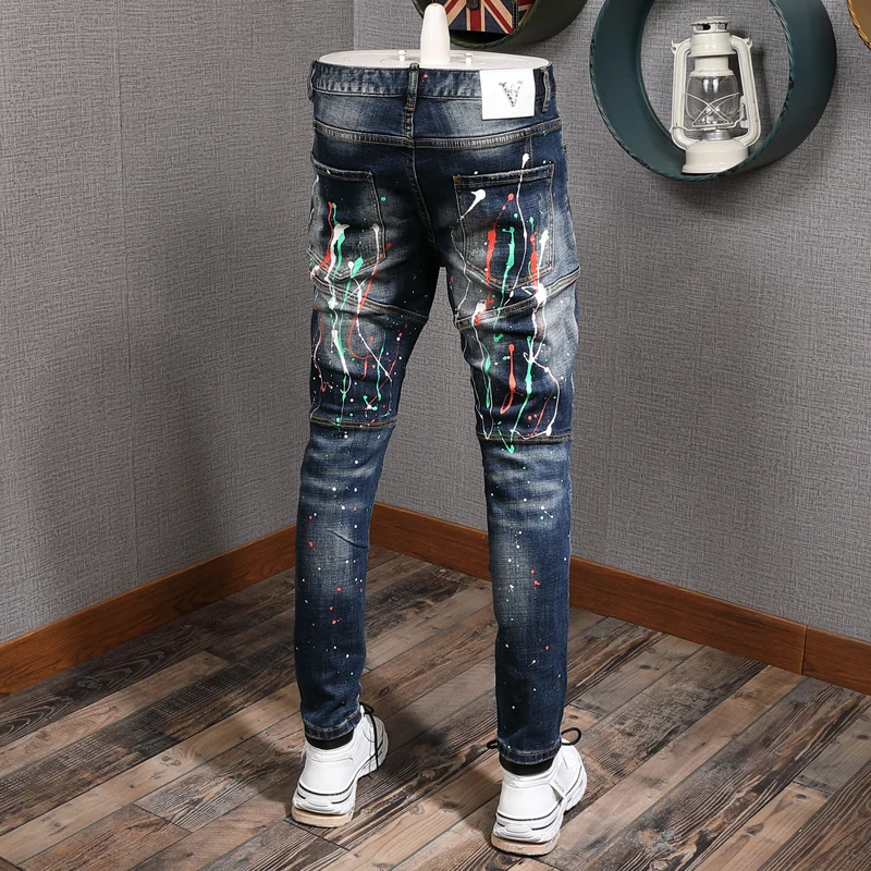 European American Street Fashion Men Jeans Retro Blue Elastic Slim Spliced Designer Biker Jeans Men Painted Hip Hop Punk Pants