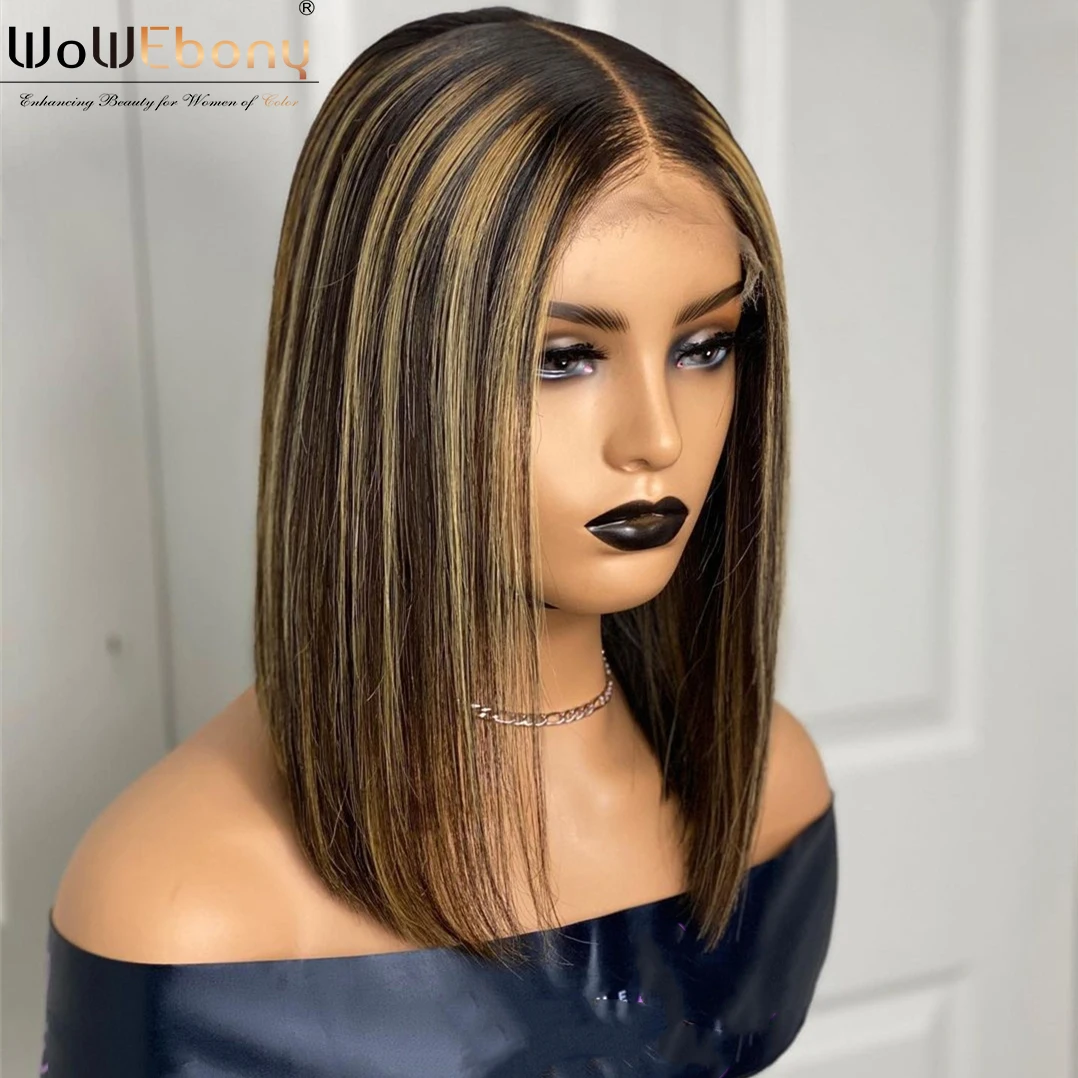 Online Wig WoWEbony Rambut Palsu Manusia Depan Renda Highlight Pirang Madu Wig Remy Bagian T Bob Pendek Lurus Coklat Ombre Untuk Wanita