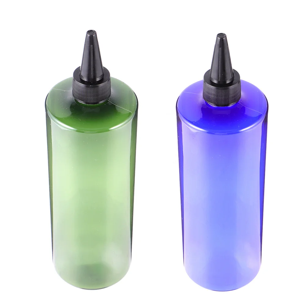 

4pcs 500ml Hair Dye Bottle Pointed Mouth Hair Color Bottle Applicator Storage Container Refillable Bottles (Blue Bottle and Gree