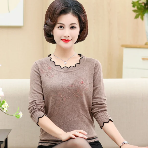 Women'S Pullover Sweater Long-Sleeved Printed Women Plus Size Autumn And Winter 40-50 Years Old Mother Knitted Top DA375 | Женская