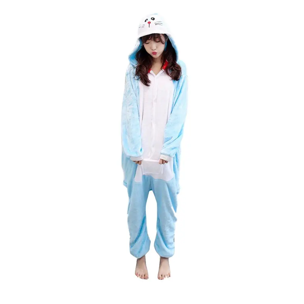 Kigurumi Pajama Doraemon Adult Animal Cartoon Hooded Onesie Women Men Couple 2019 Winter Pajamas Suit Sleepwear Flannel Pijamas