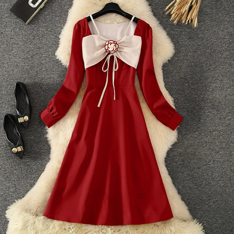 

Женское праздничное платье, элегантное винтажное Красное Облегающее ТРАПЕЦИЕВИДНОЕ платье миди с длинным рукавом и бантом, Осень-зима 2021