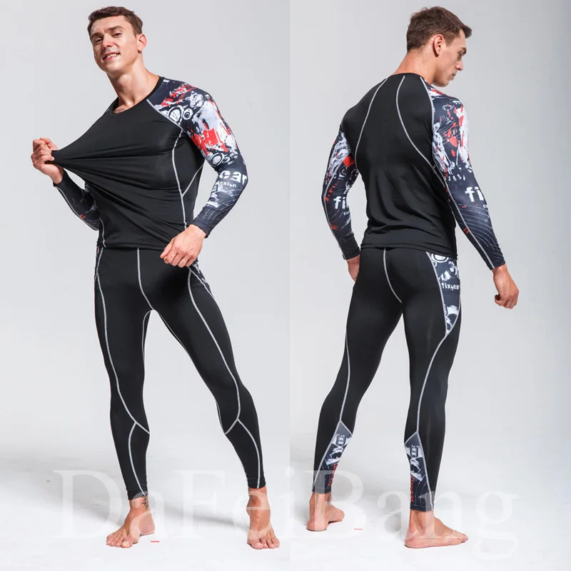 

Men's Compression Running jogging Suits Clothes Sports Set Long t shirt And Pants Gym Fitness workout Tights clothing 2pcs/Sets