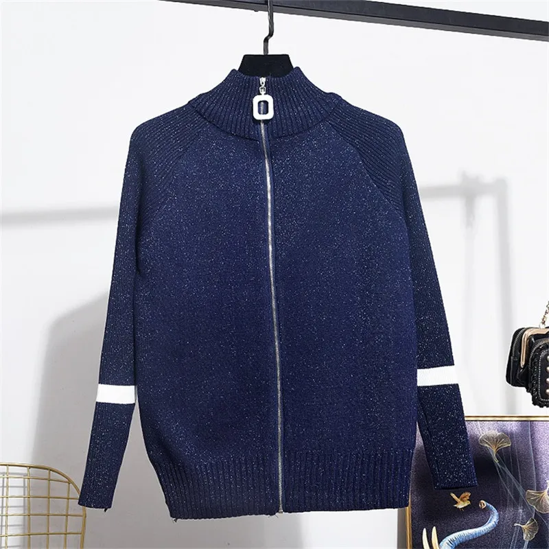 Fashion Turtleneck Sports Knitting Tracksuit Set Women Casual Loose Bright Wire Knitted Cardigan Long Pants Two Piece Female |