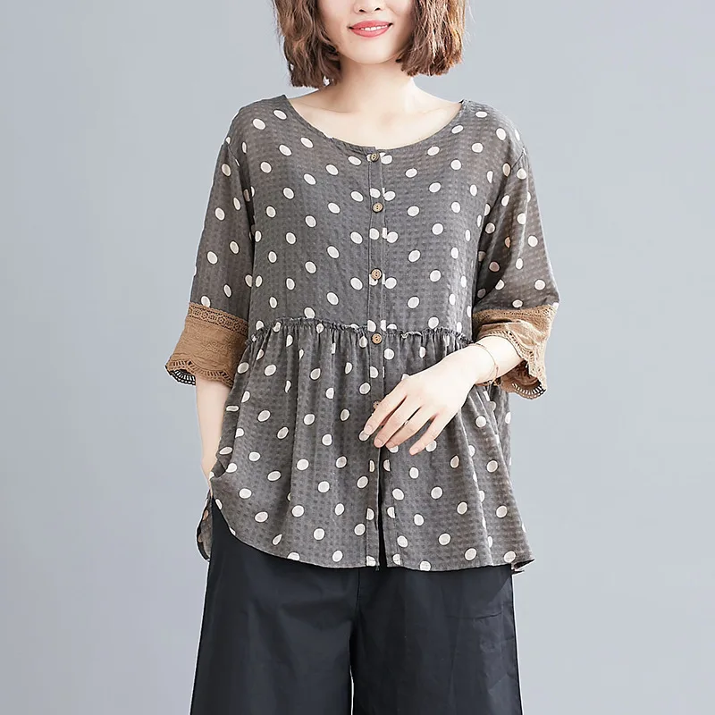 

Women Casual Plus Size O-Neck Dot Printed Loose Button Tunic Shirt Blouse Women Loose Chiffon Button Cardigan