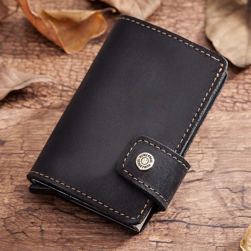 

KAVIS Genuine Leather Automatic Card Holder Men ID Aluminum Alloy Anti-Degaussing Card Wallets With Coin Purse Slim and Mini