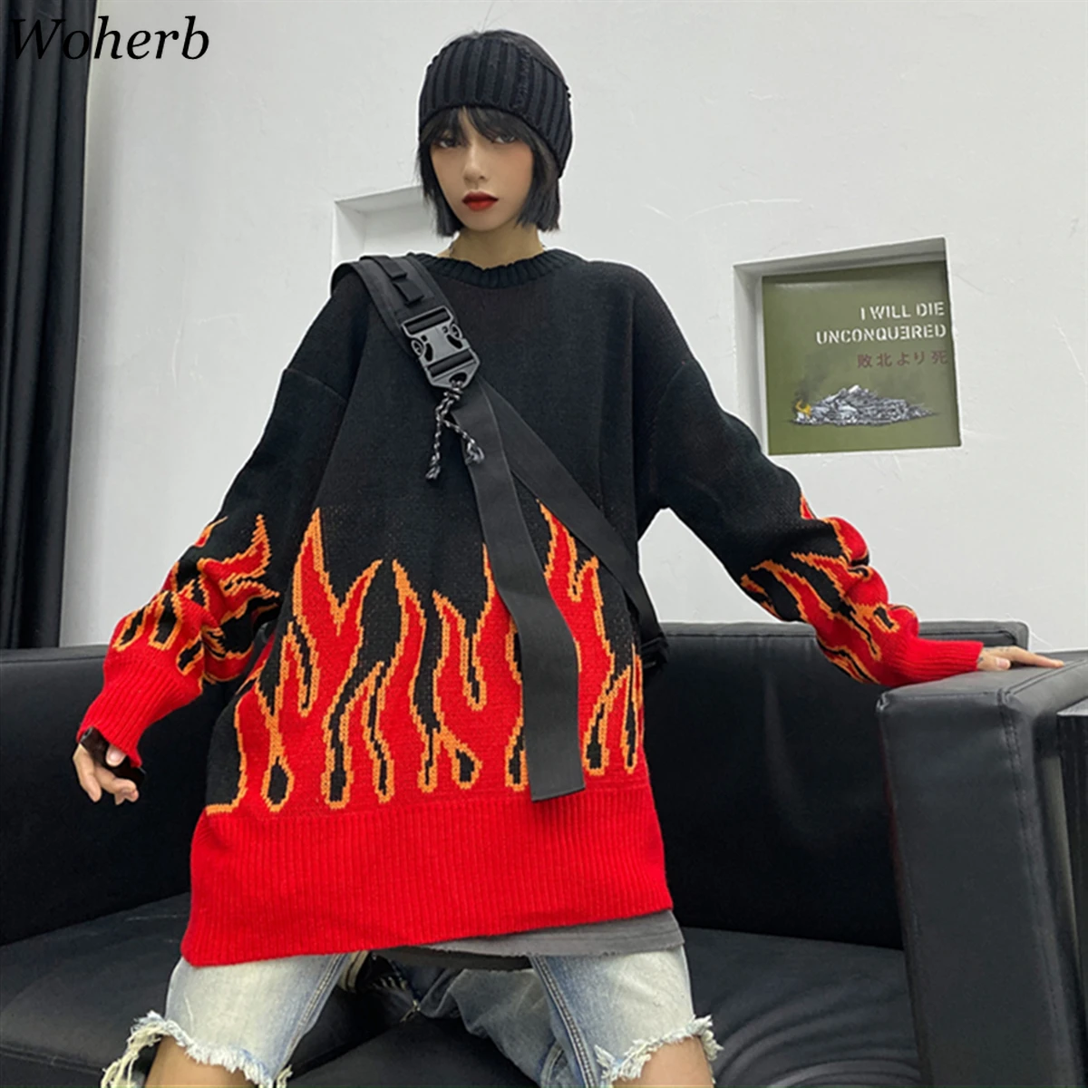 Мужской трикотажный свитер Woherb пуловер в стиле хип-хоп уличная одежда Харадзюку