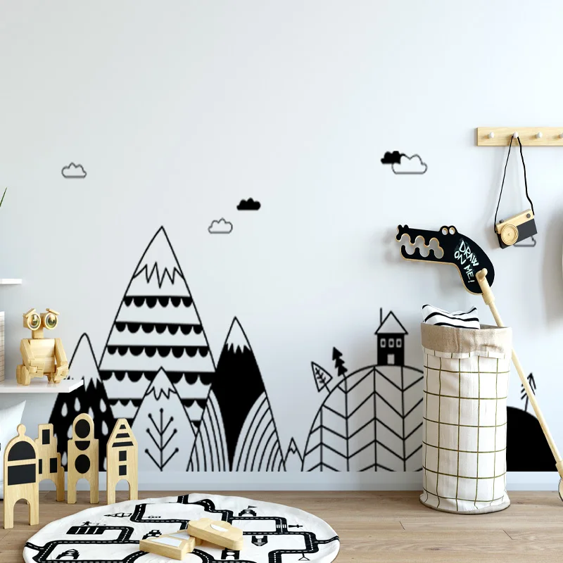 

Simple Black and White Mountain Peak Line Bedroom Background Wall Stickers Home Decoration Wall Decal Baby Bedroom Home Sticker