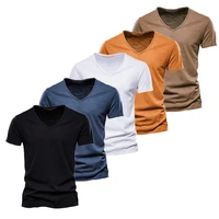 aiopeson 5 pcs brand t shirt men casual solid color slim fit v neck t shirts men new summer quality 100 cotton t shirt for men