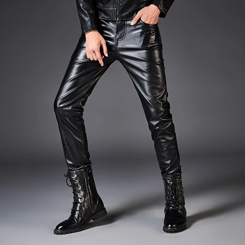 Брюки из искусственной кожи для мужчин брендовые черные модные мотоциклетные