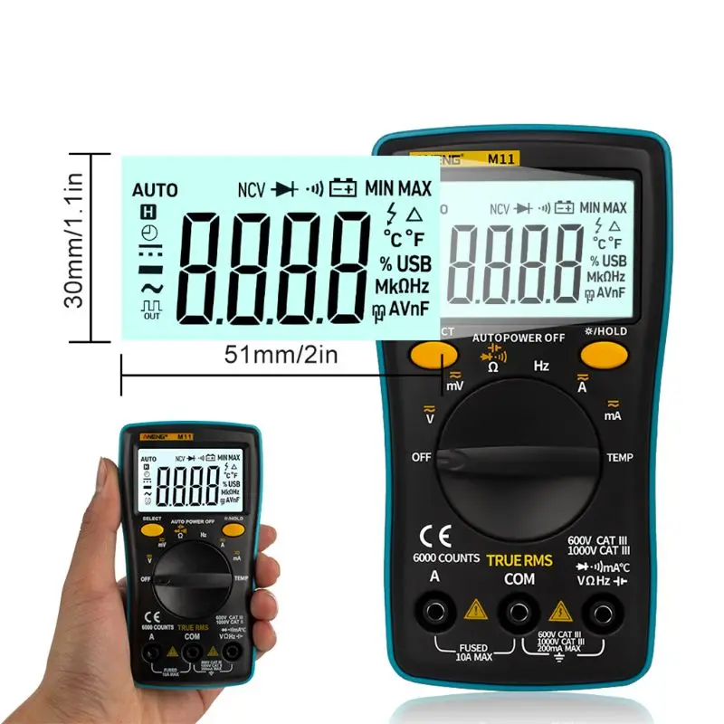 

6000 Counts M11 Portable Automatic Range Multi-Meter Battery-Operated Capacitor True-Ams Digital Voltmeter With LCD Display