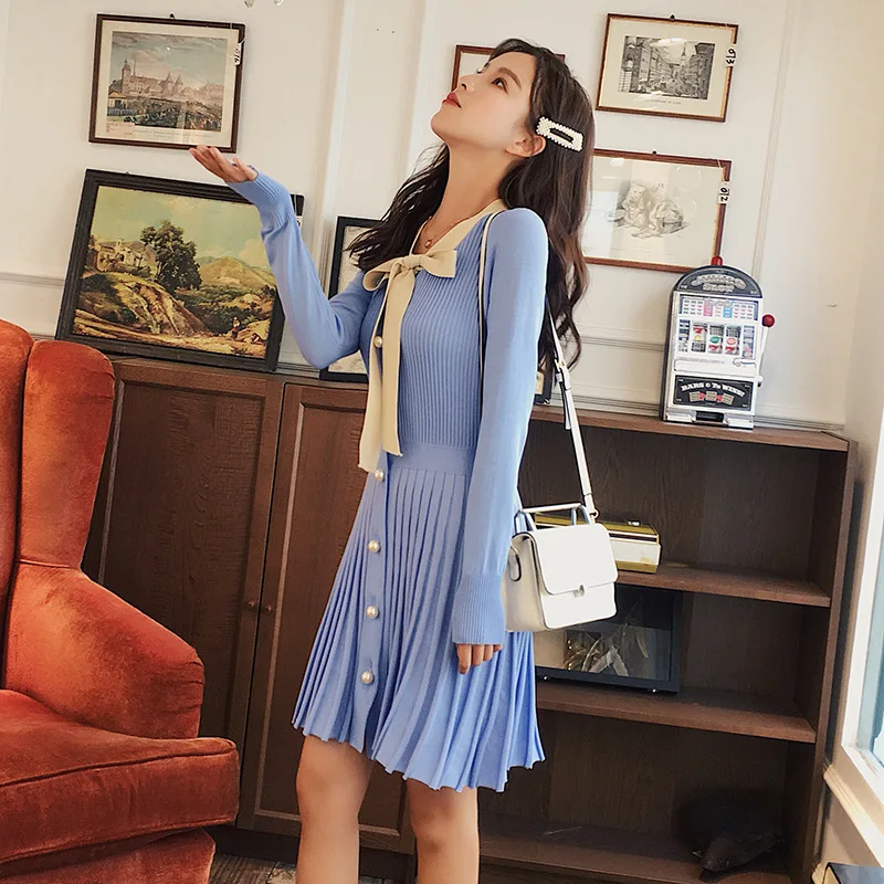 2018 осеннее и зимнее женское платье с воротником шарфом бантом плиссированное