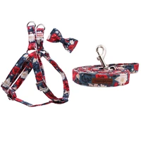 cotton red flower dog harness with bowtie and basic dog leash adjustable buckle pet supplies