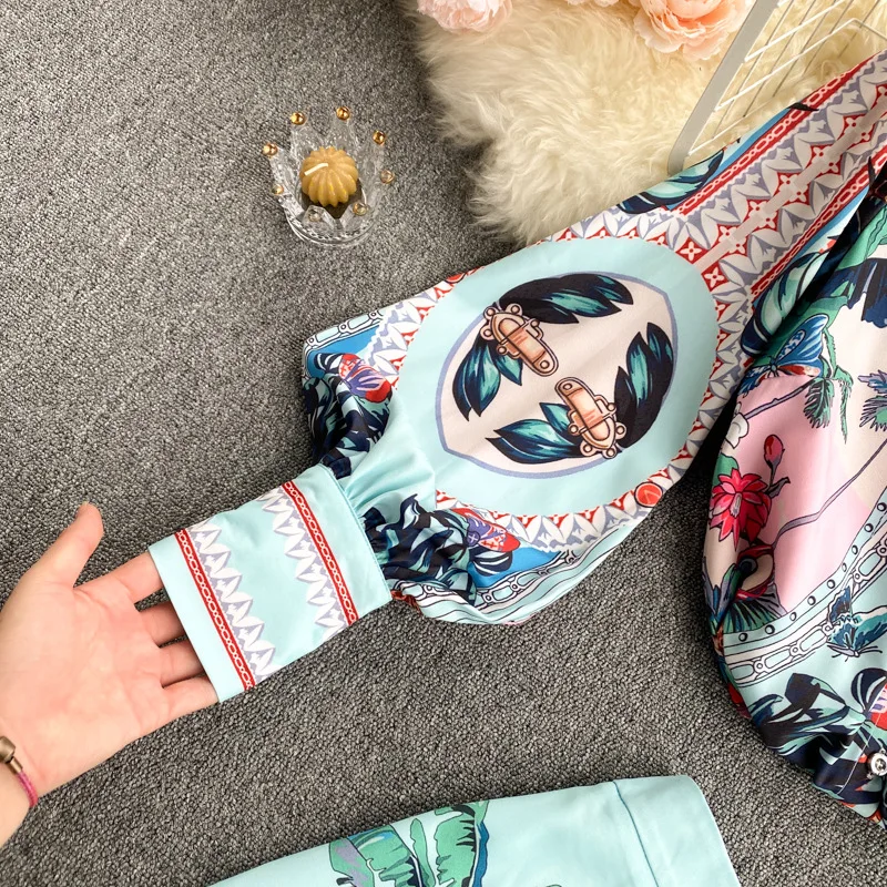 

2021 New Lapel Bubble Sleeve Shirt+high Waist Slim Skirt Retro Printing Dresses for Women Party Vintage Elegant Dress