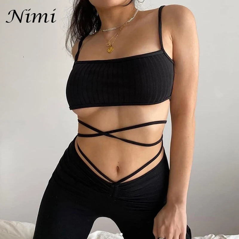 

Women Y2k Pants Streetwear Fashion Bandage Black Summer Slim Long Trousers High Waist Trousers Simple Elasticity Pants 2021 New