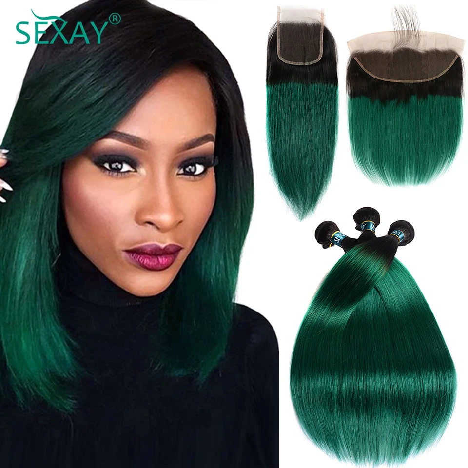 Sexay 1B Teal Ombre Bundles With Frontals Dark Root Remy Turquoise Green Brazilian Straight Human Hair 3 Bundles With Closures