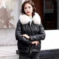 new women short leather down coat autumn winter fashion warm fox fur collar v shaped embossing loose sheepskin down jacket