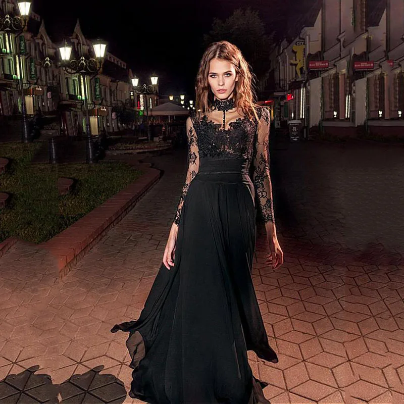 Роскошное вечернее платье с длинным рукавом длинное черное официальное в