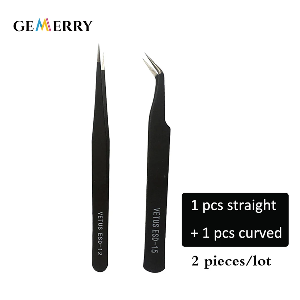 

2 pcs/sets Stainless Steel Tweezers Anti-static Eyelash Extension Supplies Black Tweezers Corrosion Resistant Repair Tools