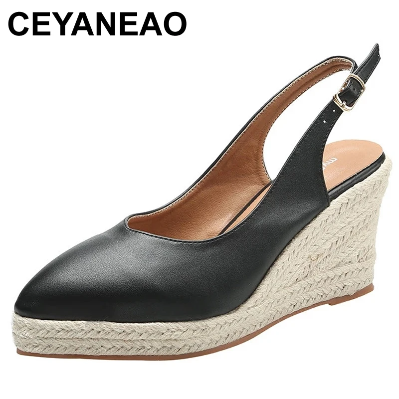 

CEYANEAO High Heel Wedge Shoes 2021High-heeled Espadrilles Straw Newest Breathable Women Sandals Female Pointed Toe Slippers