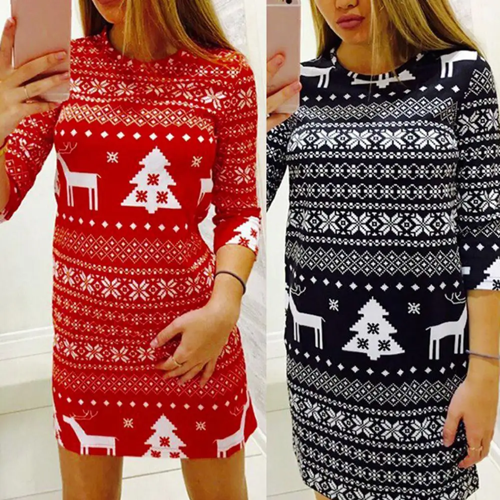 Рождественская мода женщин Лось дерево печати О образным вырезом Половина