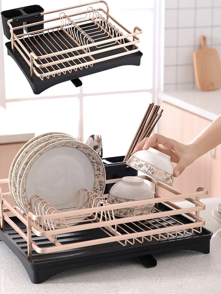 

VOGVIGO Space Aluminum Dish Holder Drain Board Stand Rack For Kitchen Space Saving Organizer Kitchen Storage Rack - Rose Gold