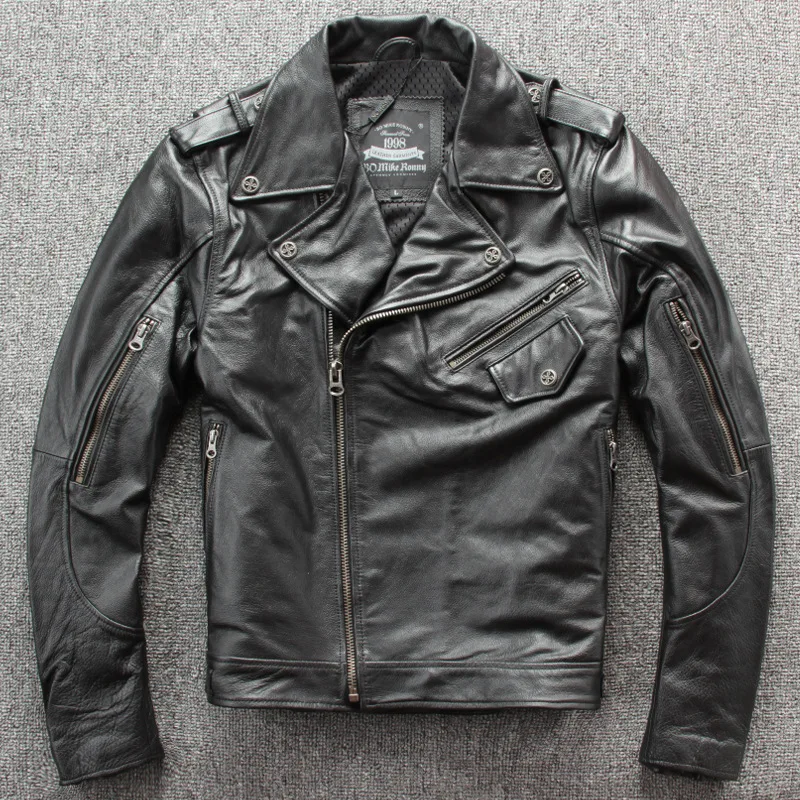 

leather Men's genuine jacket men's lapel diagonal zipper top layer cowhide motorcycle suit slim leather jacket