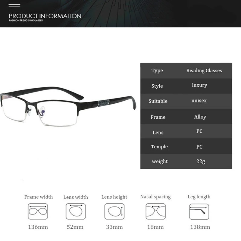 

Best Selling Men's Business Simple Glasses Retro Metal Reading Glasses Classic Square Anti-blue Light Glasses 100-400 Degrees