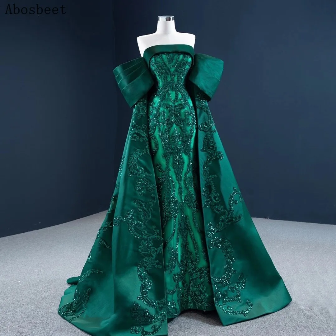 Green Satin A Line Evening Dress Off Shoulder Embroidery Lace with Beading Elegant Prom Party Gown Small Train Shining Sequins