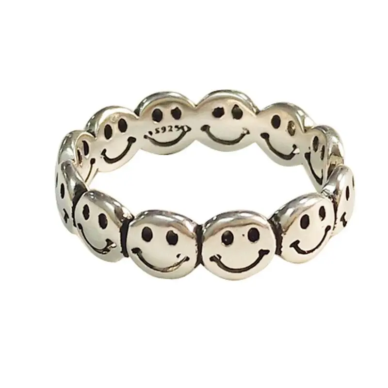 

Net Celebrity Thai Silver Happy Smiling Face Ring Fashion Personality Design Cold Wind Open Ring Hip-Hop Punk Style Jewelry
