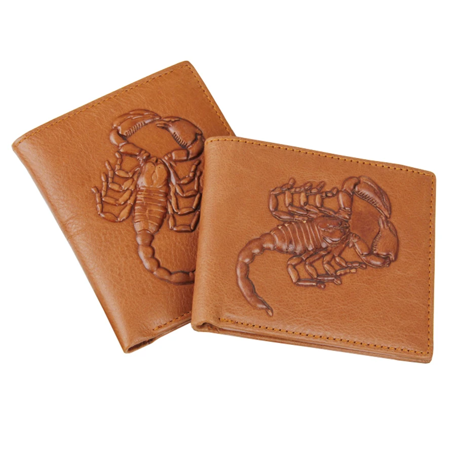

Genuine Leather Wallet 3D embossed Scorpion Totem Men Wallets Luxury Dollar Price Vintage Male Purse Brown