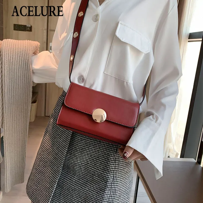 

ACELURE Vintage Fashion Small Wide Strap Shoulder Crossbody Bags for Women Solid Color PU Leather Shopping Pures Handbags Flap